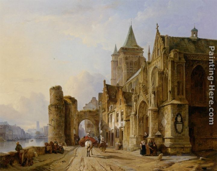 Francois Antoine Bossuet Figures in the Streets of a Riverside Town